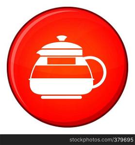 Glass teapot icon in red circle isolated on white background vector illustration. Glass teapot icon, flat style