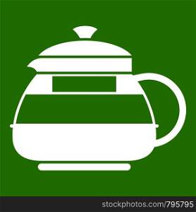 Glass teapot icon white isolated on green background. Vector illustration. Glass teapot icon green