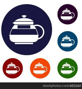 Glass teapot icons set in flat circle reb, blue and green color for web. Glass teapot icons set