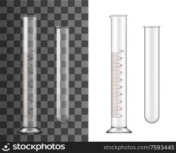 Glass test tubes, chemistry realistic flasks isolated 3d vector. Transparent empty glassware with capacity volume measure lines for chemical or medical laboratory, test tubes template, icon. Glass test tube, chemistry realistic flask