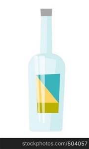 Glass transparent bottle for alcohol with label vector cartoon illustration isolated on white background.. Glass bottle for alcohol vector illustration.