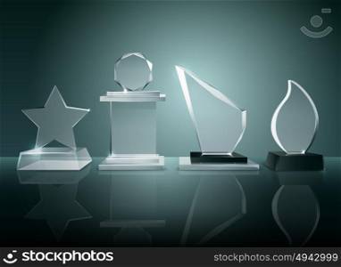 Glass Trophies Background Reflection Realistic Image . Sport competitions glass trophies prizes collection on transparent reflective surface realistic image with dark shadowy background vector illustration