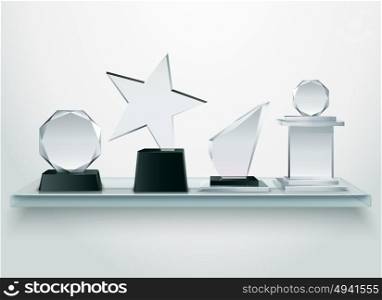 Glass Trophies On Shelf Realistic Image . Challenge and sport competitions winners prizes glass trophies collection on shelf realistic image side view vector illustration