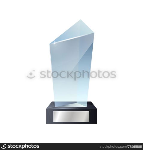 Glass trophy 3d vector template with award, prize and winner cup of sport competition and reminder gift of achievements. Crystal geometric figure on wooden base. Glass trophy, award, prize. Crystal win cup