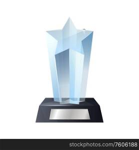 Glass trophy 3d vector template with award, prize and winner cup of sport competition and reminder gift of achievements. Crystal geometric figure on wooden base. Glass trophy, award, prize. Crystal win cup