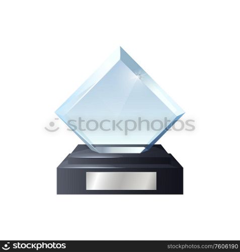 Glass trophy 3d vector template with award, prize and winner cup of sport competition and reminder gift of achievements. Crystal geometric figure on wooden base. Glass trophy, award, prize. Crystal win cup