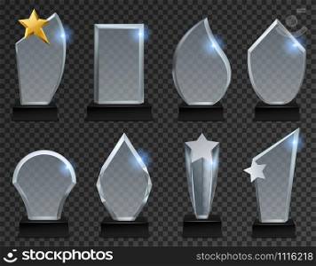 Glass trophy. Acrylic transparent awards in various form, crystal plate on pedestal for sport and business winner. Plaque modern glossy isolated vector set. Glass trophy. Acrylic transparent awards in various form, crystal plate on pedestal for sport and business winner. Plaque isolated vector set