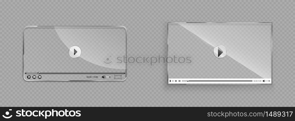 Glass video player interface, transparent window with play, rewind,stop, pause and volume buttons. Screen mockup for web design, audio multimedia application panel, Realistic 3d vector illustration. Glass video player interface, transparent window