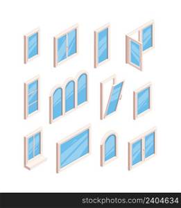 Glass window frames. Open and closed room windows different types of transparent glass garish vector isometric illustrations. Architecture window architectural to apartment interior. Glass window frames. Open and closed room windows different types of transparent glass garish vector isometric illustrations