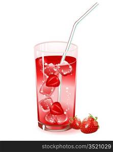 glass with drink, strawberry and ice isolated on a white background