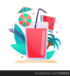 Glass with Fresh Juice or Lemonade Promotion Cartoon. Exotic Fresh Drink Decorated with Straw, Umbrellas and Watermelon Slice. Vector Flat Illustration with Tropical Coconut Palm Tree and Leaves. Glass with Fresh Juice or Lemonade Promo Cartoon
