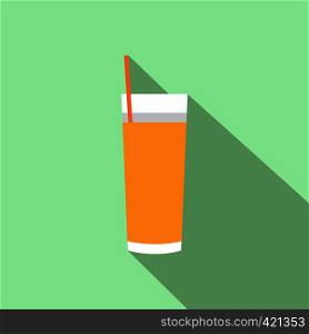 Glass with juice and straw flat icon on a light green background. Glass with juice and straw flat icon