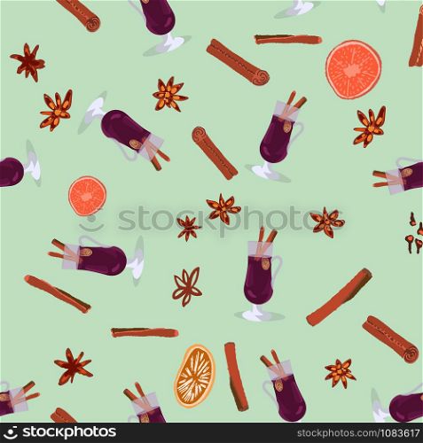 Glass with mulled wine and spices seamless pattern on green background. Festive textile, web, wrapping paper, background fill.. Glass with mulled wine and spices seamless pattern on green background