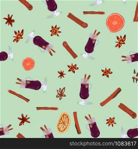 Glass with mulled wine and spices seamless pattern on green background. Festive textile, web, wrapping paper, background fill.. Glass with mulled wine and spices seamless pattern on green background