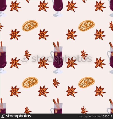 Glass with mulled wine and spices seamless pattern on white background. Festive textile, web, wrapping paper, background fill.. Glass with mulled wine and spices seamless pattern on white background
