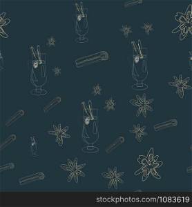 Glass with mulled wine and spices silhouette seamless pattern on black background. Festive textile, web, wrapping paper, background fill.. Glass with mulled wine and spices silhouette seamless pattern on black background