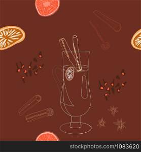 Glass with mulled wine silhouette and spices seamless pattern on brown background. Festive textile, web, wrapping paper, background fill.. Glass with mulled wine silhouette and spices seamless pattern on brown background