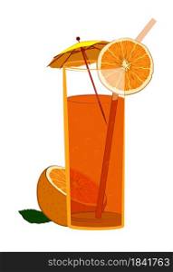 Glass with sparkling orange lemonade and a decorative umbrella. Cocktails, alcoholic drinks, illustrations for the cafe, restaurant menu. Isolated vector on white background
