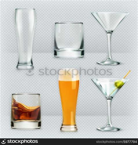 Glasses, alcohol drink vector icon set