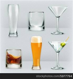 Glasses, alcohol drink vector icon set