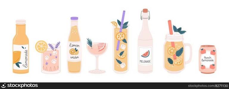 Glasses and bottles with lemonades. Cocktails drinks set. Refreshing cocktails in glasses, bottles an can. Vector illustration of summer drinks with ice and fruits - lemon, grape, watermelon, peach. Bar summer menu.