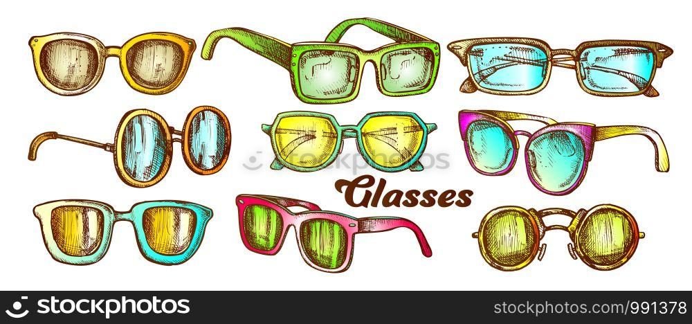 Glasses Fashion Accessory Color Set Vector. Collection In Different Form Glasses. Optical And Sun Protection Eyeglasses Engraving Template Designed In Vintage Style Illustrations. Glasses Fashion Accessory Color Set Vector