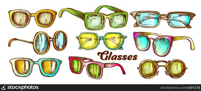 Glasses Fashion Accessory Color Set Vector. Collection In Different Form Glasses. Optical And Sun Protection Eyeglasses Engraving Template Designed In Vintage Style Illustrations. Glasses Fashion Accessory Color Set Vector