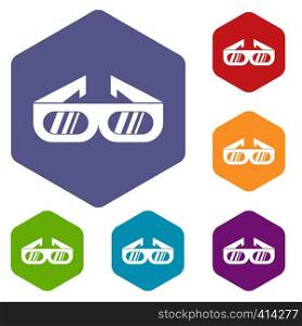 Glasses for 3D movie icons set rhombus in different colors isolated on white background. Glasses for 3D movie icons set