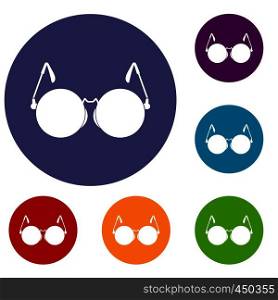 Glasses for blind icons set in flat circle reb, blue and green color for web. Glasses for blind icons set