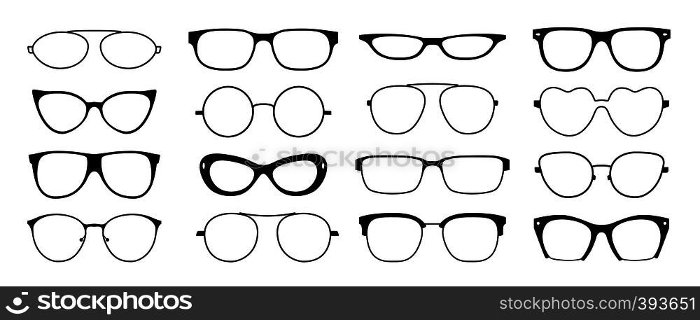 Glasses frames silhouette. Hipster geek sun glasses, optometrist black plastic rims, old fashion style. Vector isolated glasses set looking shape frames ocular. Glasses frames silhouette. Hipster geek sun glasses, optometrist black plastic rims, old fashion style. Vector isolated glasses frames