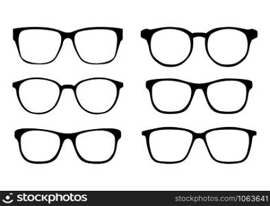 Glasses icon. A set of six modern eyeglass frames. Front view. Flat vector.