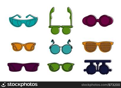 Glasses icon set. Color outline set of glasses vector icons for web design isolated on white background. Glasses icon set, color outline style