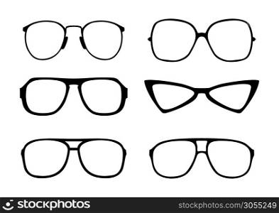 Glasses icon. Set of six modern glasses frames. Front view. Flat vector.