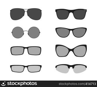 Glasses icons, isolated on white background. Black silhouettes of modern glasses. Glasses icons set