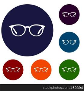 Glasses icons set in flat circle reb, blue and green color for web. Glasses icons set