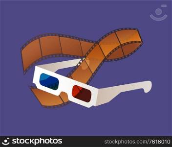 Glasses in 3d format, filmstrip, movie colorful objects, equipments for watching premiere, media symbols on blue, cinematography festival, video vector. Movie Equipments, Filmstrip and Glasses Vector