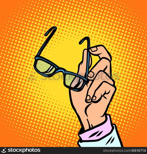 glasses in hand, vision and people. Comic book cartoon pop art retro vector illustration drawing. glasses in hand, vision and people