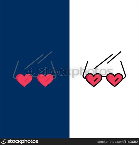 Glasses, Love, Heart, Wedding Icons. Flat and Line Filled Icon Set Vector Blue Background