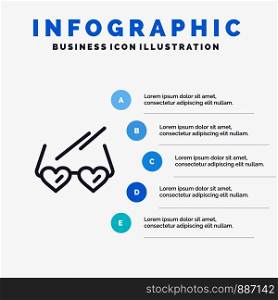 Glasses, Love, Heart, Wedding Line icon with 5 steps presentation infographics Background
