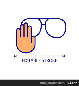 Glasses not allowed RGB color icon. Training eyes to see clearly and live without eyeglasses. No need in glasses. Isolated vector illustration. Simple filled line drawing. Editable stroke. Glasses not allowed RGB color icon