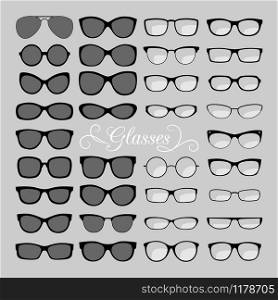 Glasses set. Black and fashion, for men and women eyes glasses, optical eyeglasses and sunglasses icons vector illustration. Glasses icons set