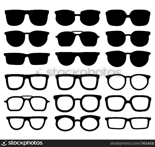 Glasses silhouette. Geek eyewear, cool sunglasses and eyeglasses silhouettes. Elegance glasses or geeks fashion optical ocular lens accessory. Vector isolated icons collection. Glasses silhouette. Geek eyewear, cool sunglasses and eyeglasses silhouettes vector collection