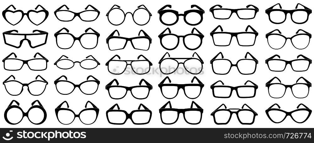 Glasses silhouette. Rim sunglasses, spectacle frame and eyewear silhouettes. Woman and man glasses, hipster or geek spectacles optical fashion. Vector isolated icons set. Glasses silhouette. Rim sunglasses, spectacle frame and eyewear silhouettes vector set