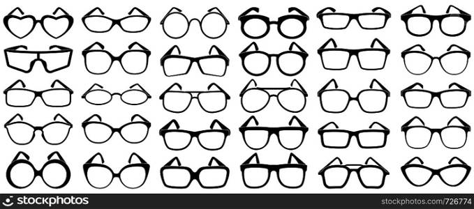 Glasses silhouette. Rim sunglasses, spectacle frame and eyewear silhouettes. Woman and man glasses, hipster or geek spectacles optical fashion. Vector isolated icons set. Glasses silhouette. Rim sunglasses, spectacle frame and eyewear silhouettes vector set