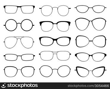 Glasses silhouette. Stylish frame sunglasses, eyeglasses optical eyesight different shapes, frames and fashion rims vector rounded optic lens set. Glasses silhouette. Stylish frame sunglasses, eyeglasses optical eyesight different shapes, frames and fashion rims vector set