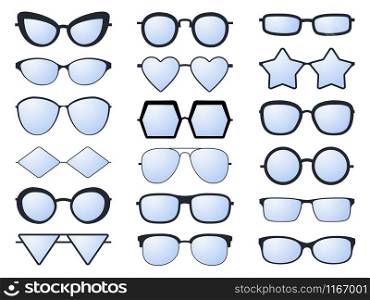 Glasses silhouette. Various eyeglasses frames for men and women fashionable sunglasses. Optical vision glasses of different shapes isolated vector eyewear set. Glasses silhouette. Various eyeglasses frames for men and women fashionable sunglasses. Optical vision glasses of different shapes vector set