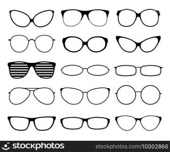 Glasses silhouettes. Fashion sunglasses frames, black spectacles. Geek and hipster eyewears. Man woman glasses. Vector icons set of eyesight lens, eyeglasses rim illustration. Glasses silhouettes. Fashion sunglasses frames, black spectacles. Geek and hipster eyewears. Man woman glasses. Vector icons set