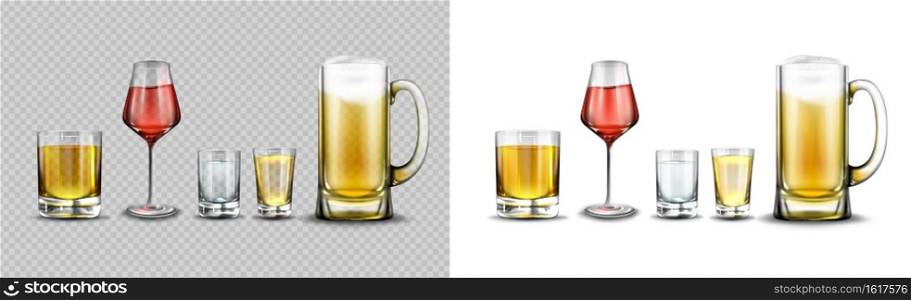 Glasses with alcohol drinks, beer with foam in mug, red wine, vodka, cognac and whiskey in shots. Vector realistic set of clear glassware with beverages isolated on white and transparent backgrounds. Glasses with alcohol drinks, beer, wine, whiskey