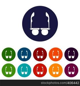 Glasses with black round lenses set icons in different colors isolated on white background. Glasses with black round lenses set icons