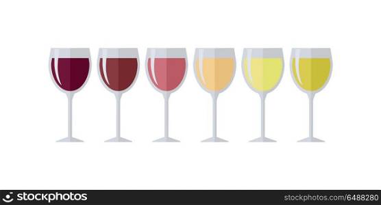Glasses with Different Types of Elite Wine.. Glasses with different types of wine. Degustation or tasting. Check elite vintage strong vine. Winemaking concept. Vine icon or symbol. Part of series of viniculture production items. Vector
